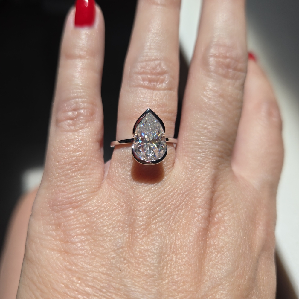 3 CT PEAR MOISSANITE and Silver Half Bezel Engagement Wedding Ring Size 5.75
